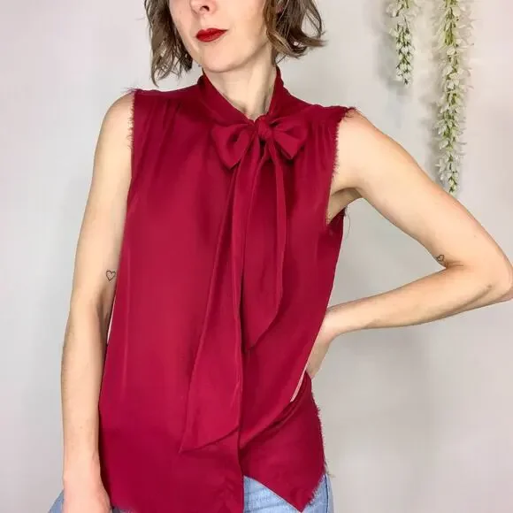 REVOLVE NSF silk sleeveless top neck tie frayed hem button front berry 3076 - Picture 10 of 11